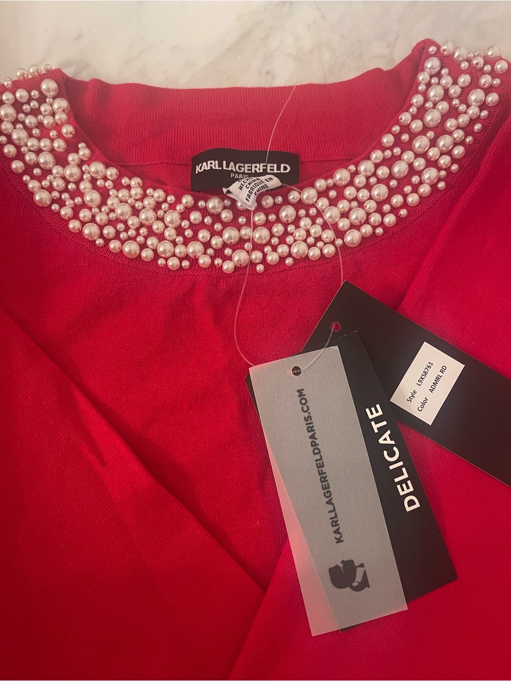 Karl Lagerfeld Red Pearl-Trim Knit Sweatshirt